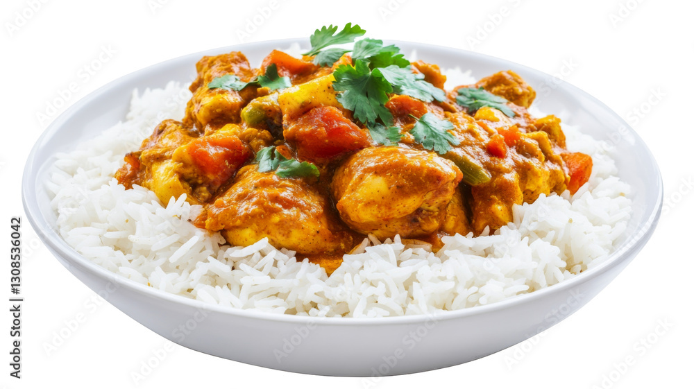 Chicken curry with rice, tomatoes, and herbs on transparent background Chicken curry with rice, tomatoes, and herbs on transparent background