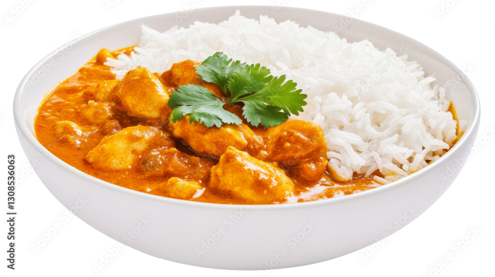 Chicken curry with rice and coriander in white bowl on transparent background Chicken curry with rice and coriander in white bowl on transparent background