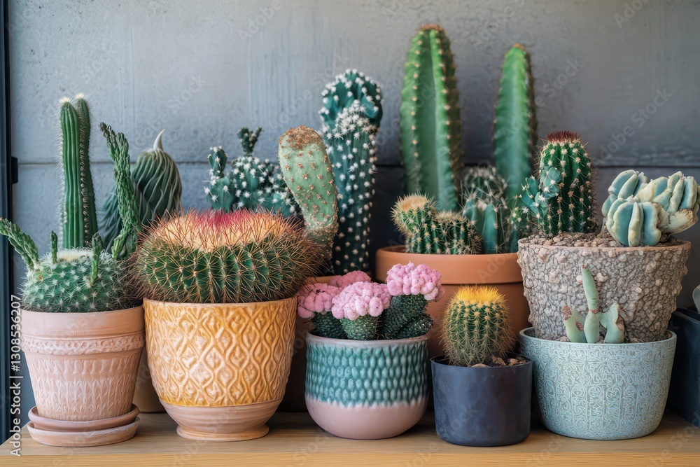 A collection of unique cacti placed in various pots, adding to the cozy ambiance of a modern apartment's living room or bedroom.