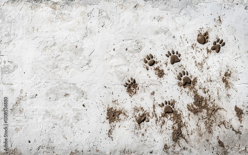 Paw prints scattered in damp dirt on a white surface in a rural setting during daylight