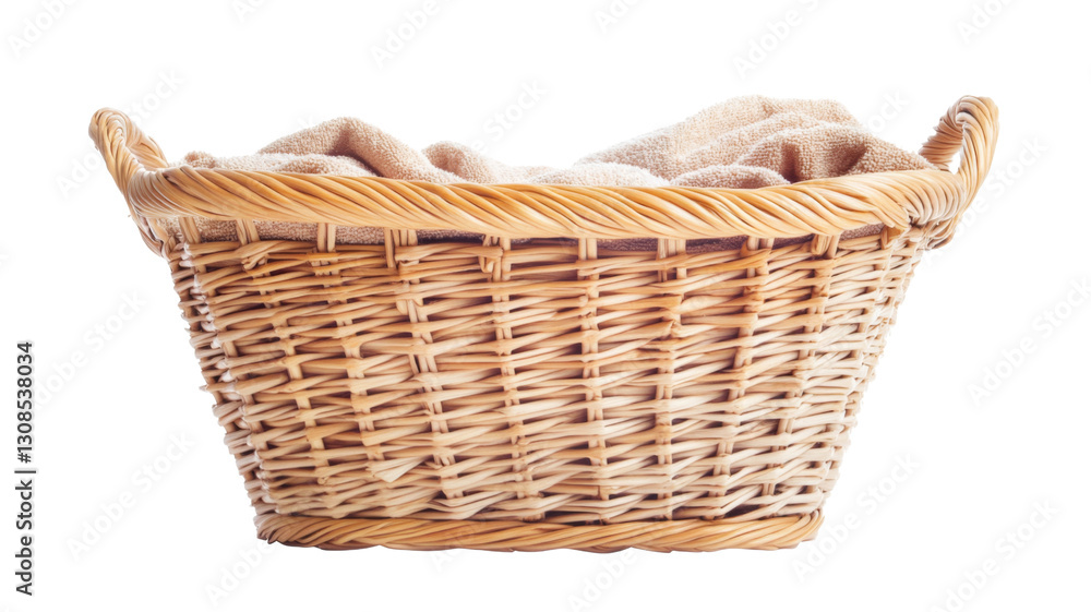 Obraz premium Wicker laundry basket overflowing with beige towels on transparent background