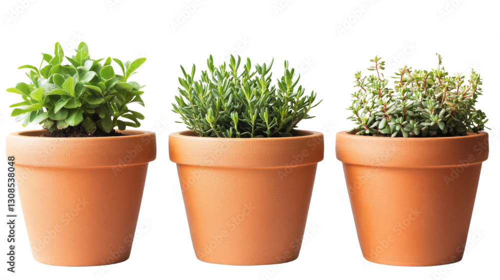 Fototapeta premium Aromatic herbs growing in terracotta pots with transparent background