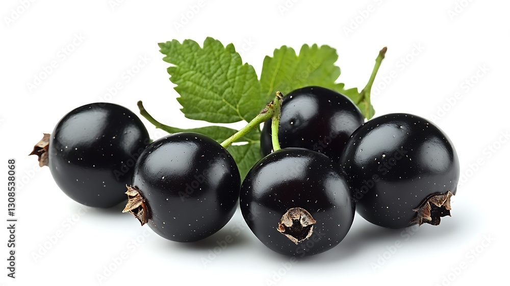 Five ripe blackcurrants with leaves on white background. Five ripe blackcurrants with leaves on white background.