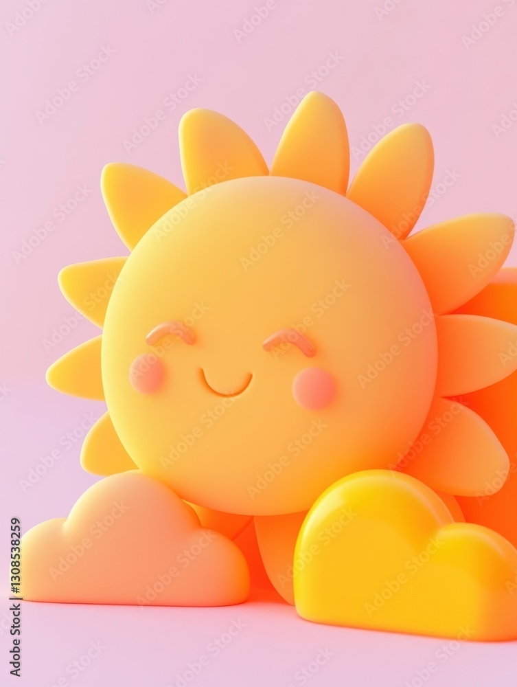 Adorable 3d cartoon sun with smiling face and soft pastel clouds on pink background Adorable 3d cartoon sun with smiling face and soft pastel clouds on pink background