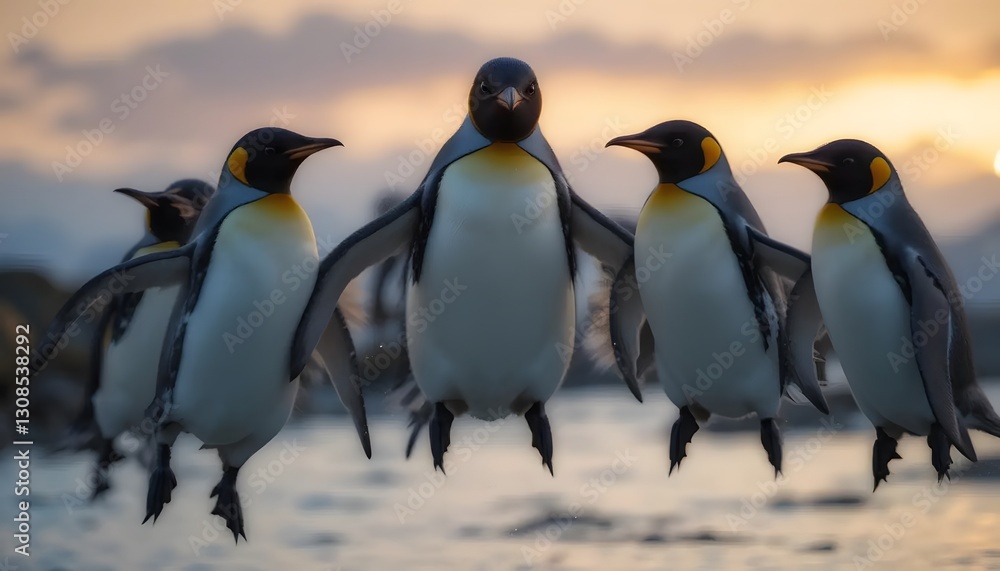Obraz premium King Penguins Walking Together at Sunset Near the Water