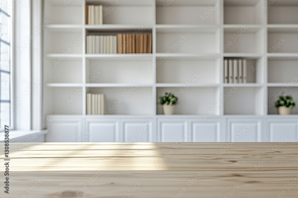 Fototapeta premium Modern Wooden Desk with Minimalist White Bookshelf Background in Bright Office