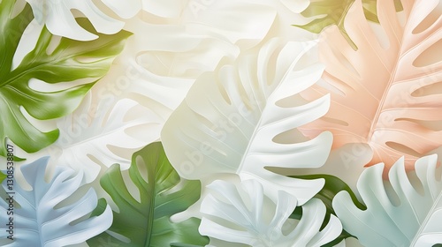 Elegant tropical monstera leaves in soft white and green tones with a delicate pastel effect, creating a fresh and airy botanical background.  
