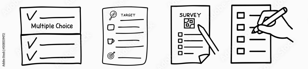 Market research concept. Four hand-drawn checklists and forms with various icons and markings. Market research concept. Four hand-drawn checklists and forms with various icons and markings.
