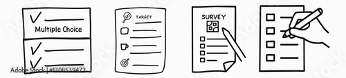 Market research concept. Four hand-drawn checklists and forms with various icons and markings.