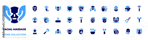 Facial massage icon collection. Bold style. Duotone colors. massage, acupressure, brush, face, razor, eye treatment, facial massage, wipes, mortar, mask, nose