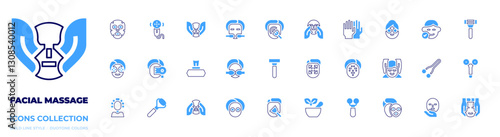 Facial massage icon collection. Bold line style. Duotone colors. massage, acupressure, brush, face, razor, eye treatment, facial massage, wipes, mortar, mask, nose