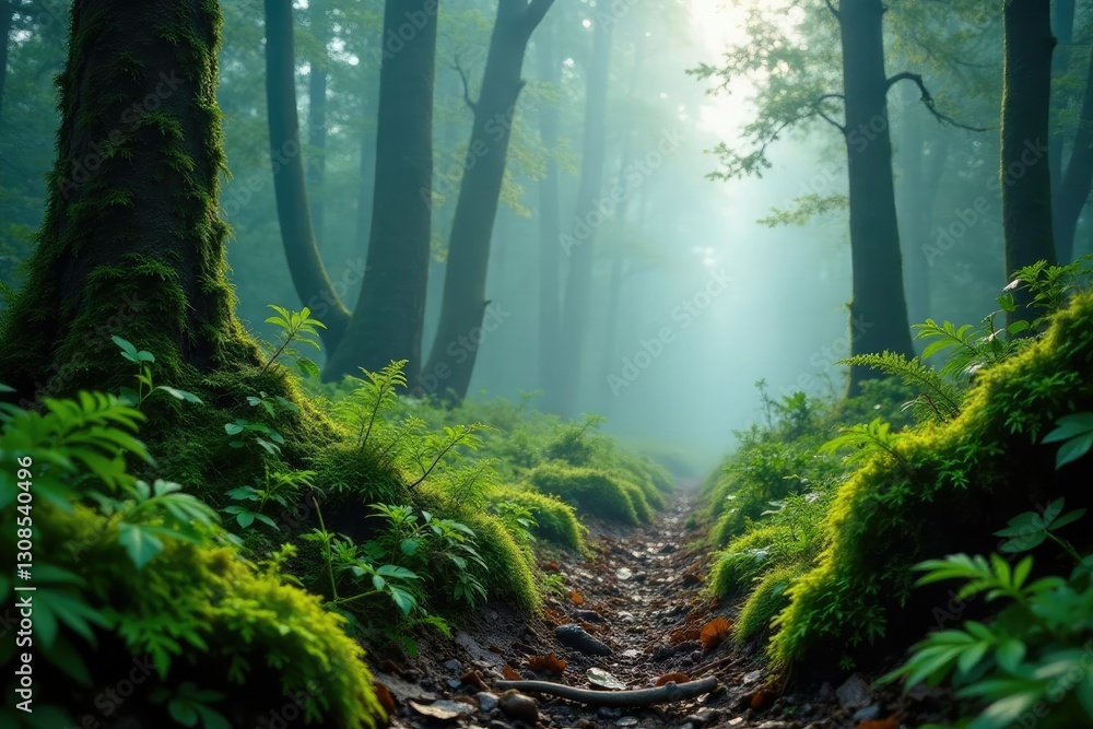 Fototapeta premium Foggy forest floor with mossy ferns and vines, mossy, fog, earthy