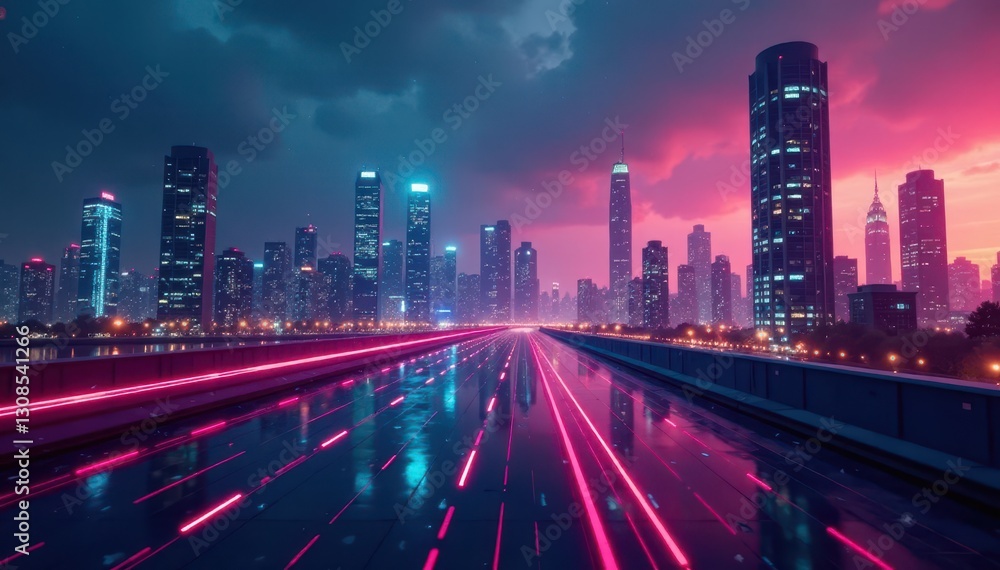 Fototapeta premium Binary code streams across futuristic cityscape, graphic, illustration
