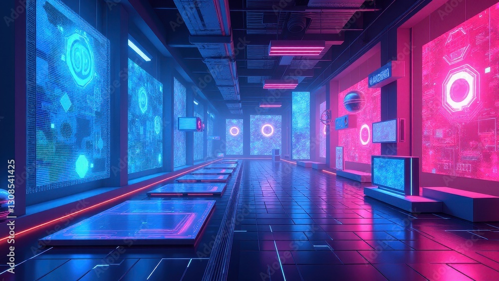 Abstract workspace themes, Futuristic workspace with neon hues 3D designs tech devices glowing circuits. Bright and saturated environment of electr Abstract workspace themes, Futuristic workspace with neon hues 3D designs tech devices glowing circuits. Bright and saturated environment of electr