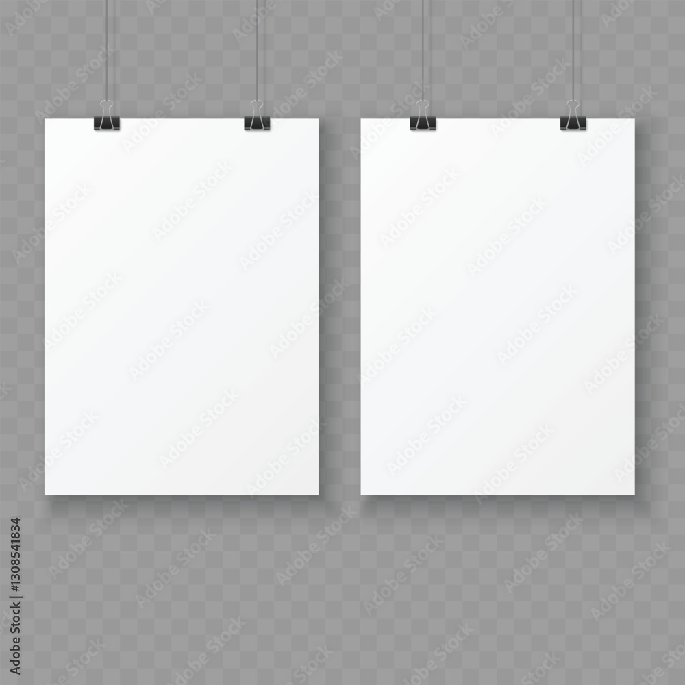 Hanging Blank Posters with Paper Clips Mockup Vector Hanging Blank Posters with Paper Clips Mockup Vector