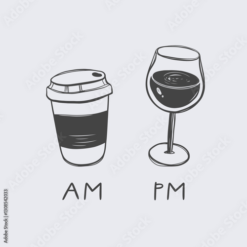 Am coffee, pm wine. Hand drawn illustration cup of coffee and glass of wine.