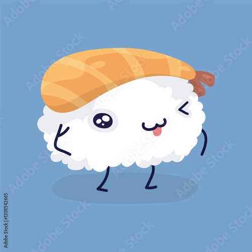 shrimp meat rice sushi cute character in isolated flat vector design