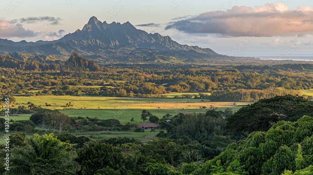 Naklejka premium Panoramic View of Lush Green Valley with Distant Mountains at Sunset