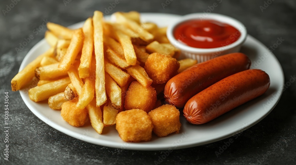 Plate of french fries, chicken nuggets, and sausages with ketchup. Plate of french fries, chicken nuggets, and sausages with ketchup.