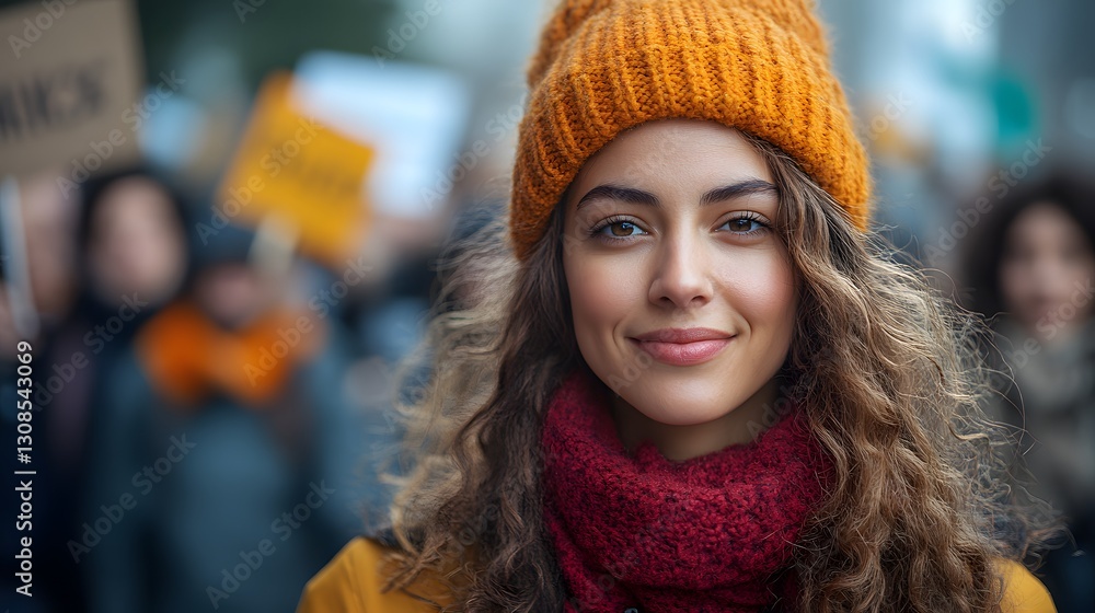 Smiling Woman in a Crowd While Wearing Warm Autumn Attire Smiling Woman in a Crowd While Wearing Warm Autumn Attire