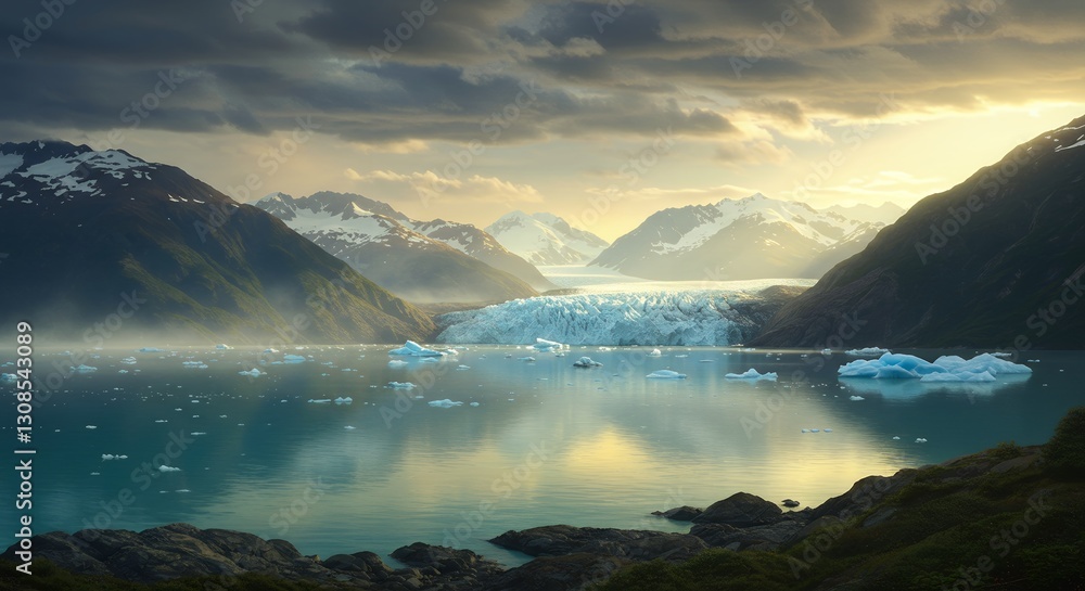 Glacier Lagoon with Icebergs and Mountain Range at Sunset Glacier Lagoon with Icebergs and Mountain Range at Sunset