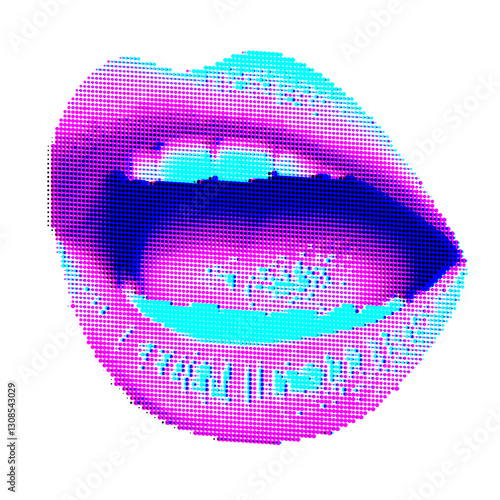 Open mouth with halftone pop art effect. An AI image was used as the basis.