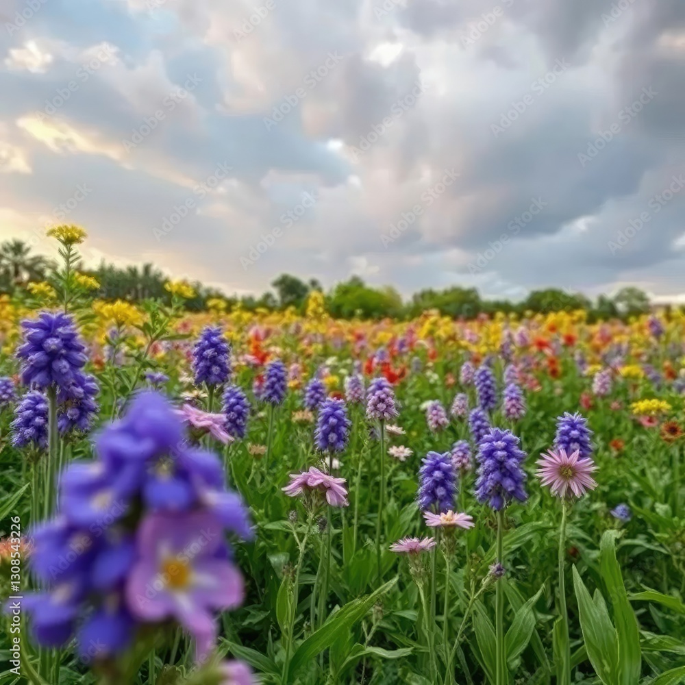 Fototapeta premium Campo lleno de flores moradas y un cielo cubierto de nubes con gotas de lluvia, gotas, flores, moradas