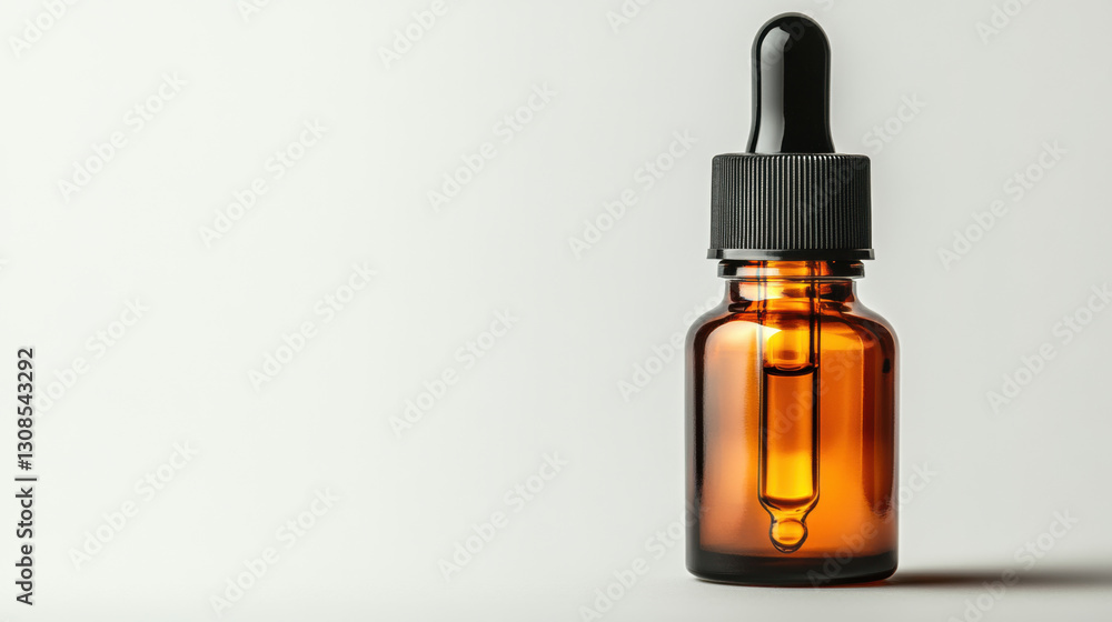Amber dropper bottle with black cap on white background Amber dropper bottle with black cap on white background