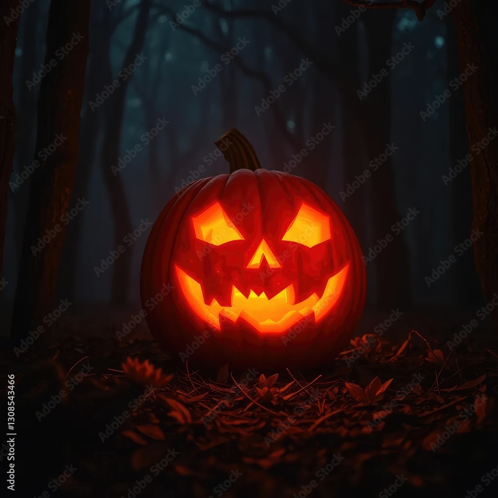 Carved pumpkin glowing in the misty forest darkness, forest, woods, spooky Carved pumpkin glowing in the misty forest darkness, forest, woods, spooky