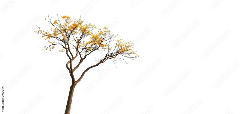 Fototapeta premium Lone deciduous tree, branches reaching skyward, stark white backdrop, background, photography
