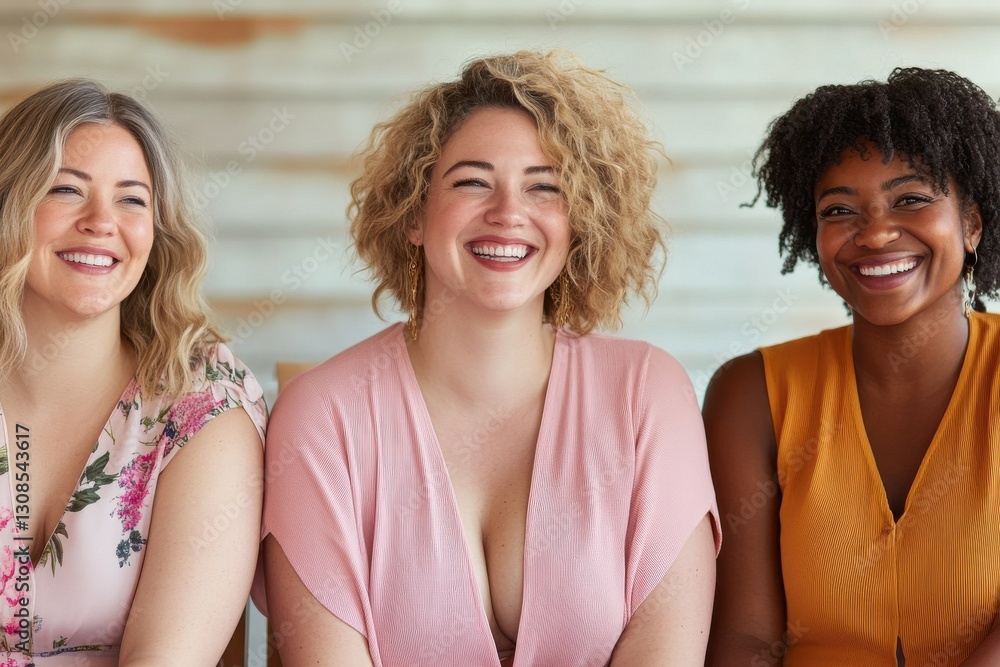 Three smiling women of diverse backgrounds pose together, exuding joy and confidence against a rustic backdrop. Three smiling women of diverse backgrounds pose together, exuding joy and confidence against a rustic backdrop.