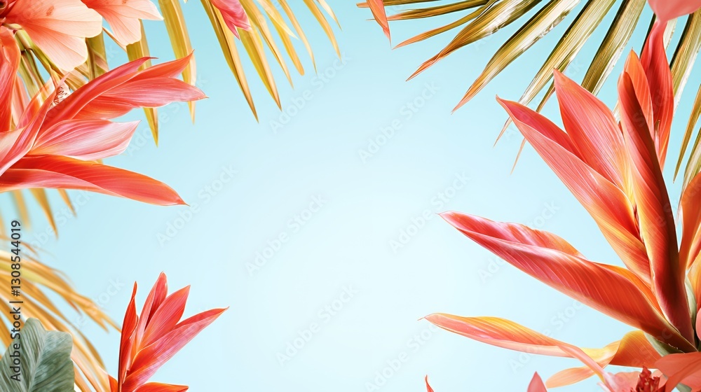 Vibrant Tropical Leaves Frame on a Light Blue Background Vibrant Tropical Leaves Frame on a Light Blue Background