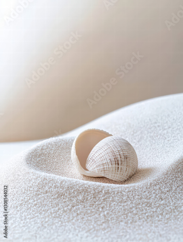 Shell on Beach: A delicate seashell rests peacefully on a bed of soft, white sand, capturing the serene beauty of the coast and evoking the gentle rhythm of the ocean.