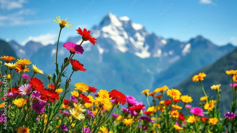 Colorful flowers swaying gently in the breeze against a majestic mountain backdrop, flowers, landscape photography Colorful flowers swaying gently in the breeze against a majestic mountain backdrop, flowers, landscape photography