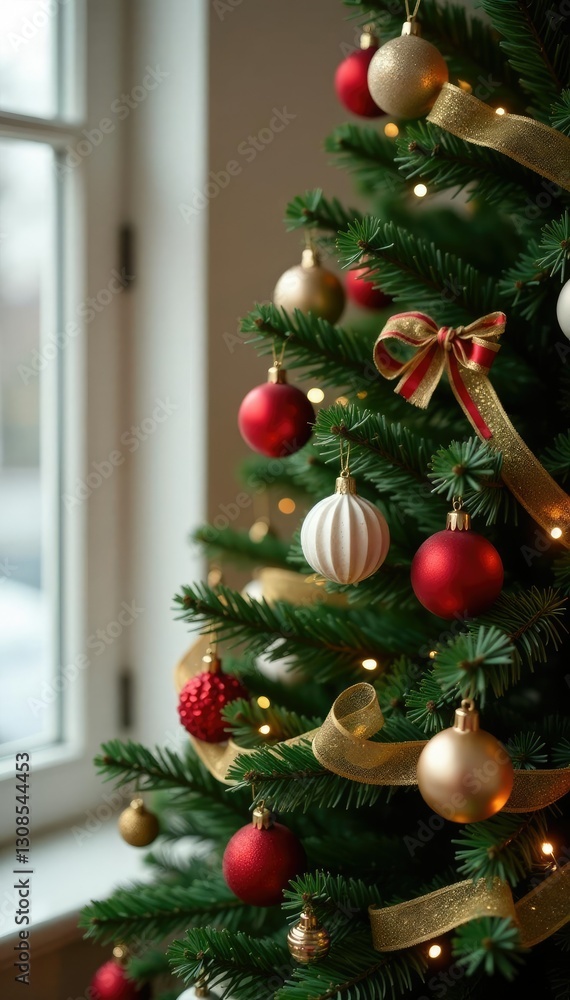 Fototapeta premium Decorated Christmas tree with simple ribbon garland, greenery, classic