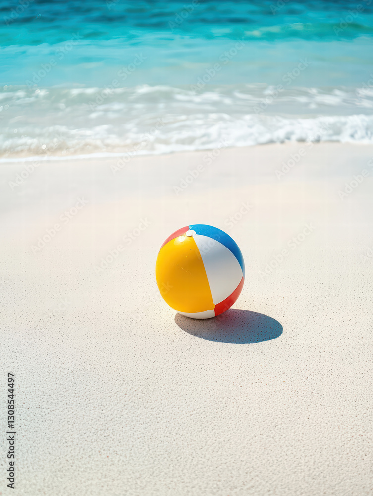 Obraz premium Beach ball on the shore: A vibrant beach ball lies on a sandy shore. Crystal-clear waves gently caress the beach, capturing the essence of summertime, joy and relaxation.