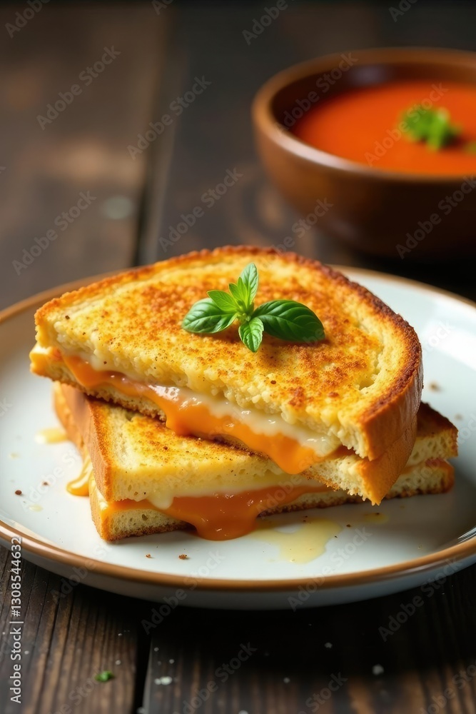 Perfectly grilled cheese sandwich on a white ceramic plate with a side of tomato soup, soup, warm Perfectly grilled cheese sandwich on a white ceramic plate with a side of tomato soup, soup, warm