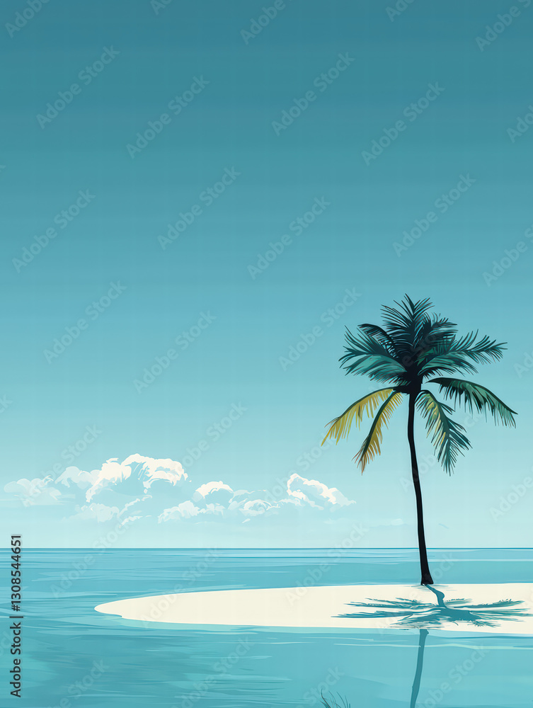 Fototapeta premium Tranquil Tropical Oasis: A single palm tree stands tall on a pristine sandy beach, embraced by the turquoise ocean and vast blue sky, inviting a sense of calm and serenity.