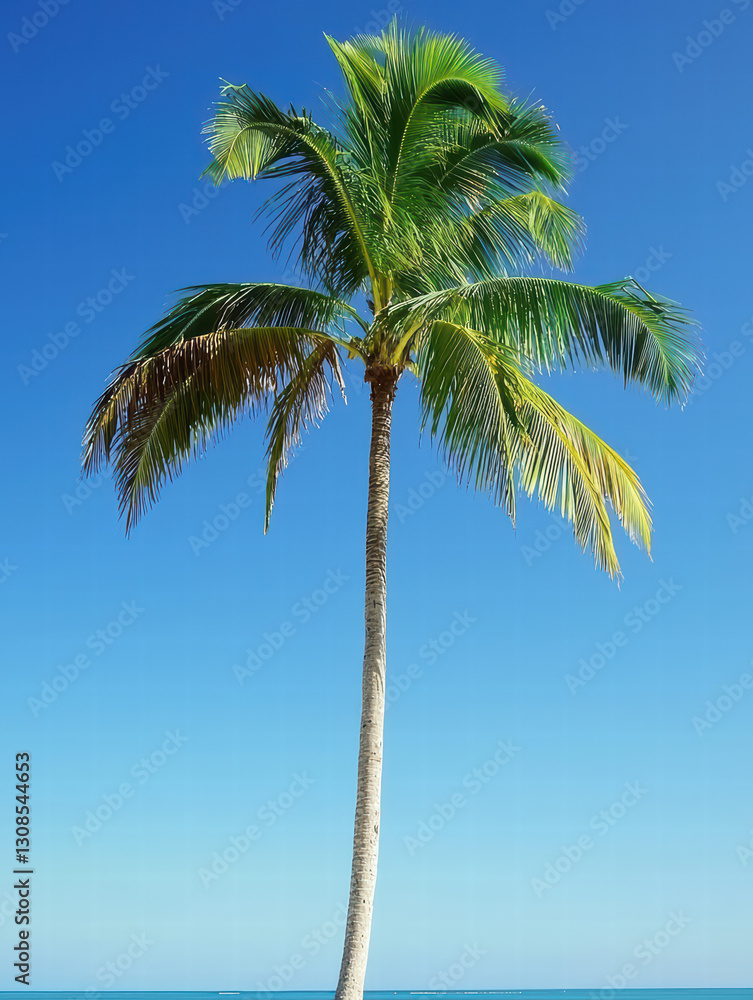 Tropical Palm Against Sky: A vibrant palm tree sways gently in a bright tropical scene, its verdant fronds contrasting against the azure sky, embodying the essence of a sun-drenched paradise. Tropical Palm Against Sky: A vibrant palm tree sways gently in a bright tropical scene, its verdant fronds contrasting against the azure sky, embodying the essence of a sun-drenched paradise.