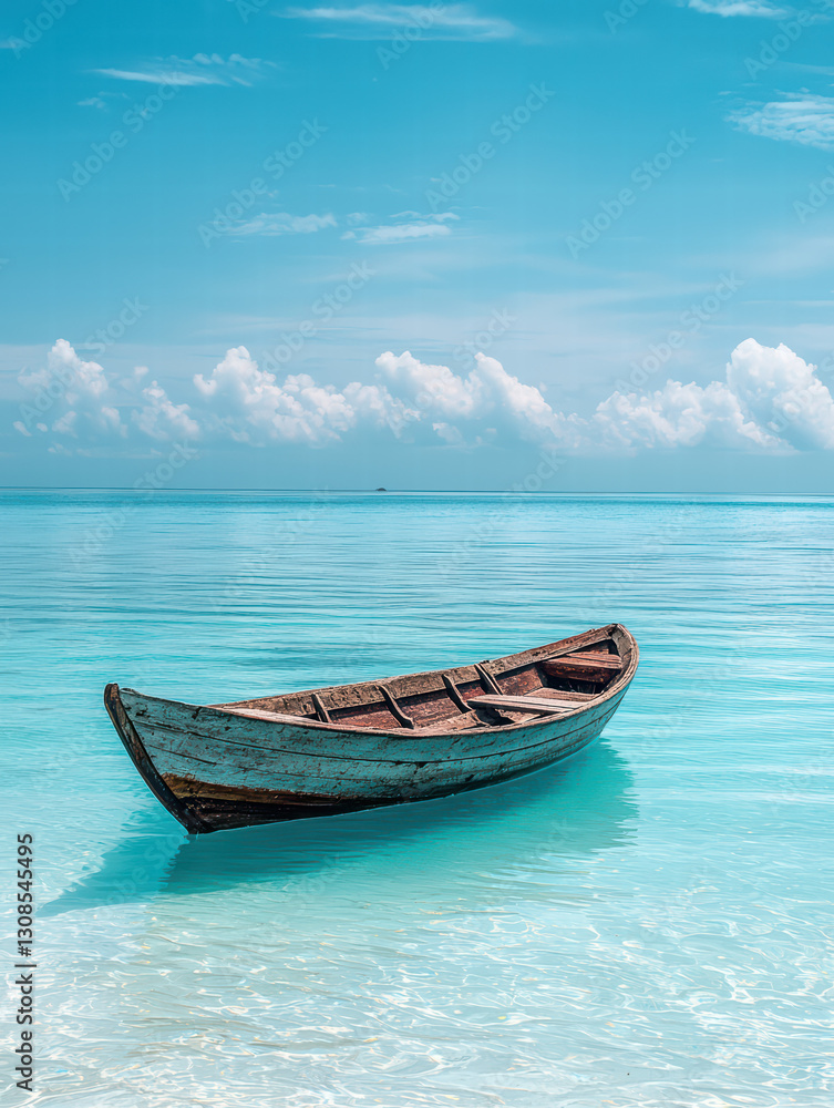 Serene Boat on Turquoise Waters: A solitary boat gracefully floats atop tranquil turquoise waters under a clear, bright sky, creating a serene and captivating landscape. Serene Boat on Turquoise Waters: A solitary boat gracefully floats atop tranquil turquoise waters under a clear, bright sky, creating a serene and captivating landscape.
