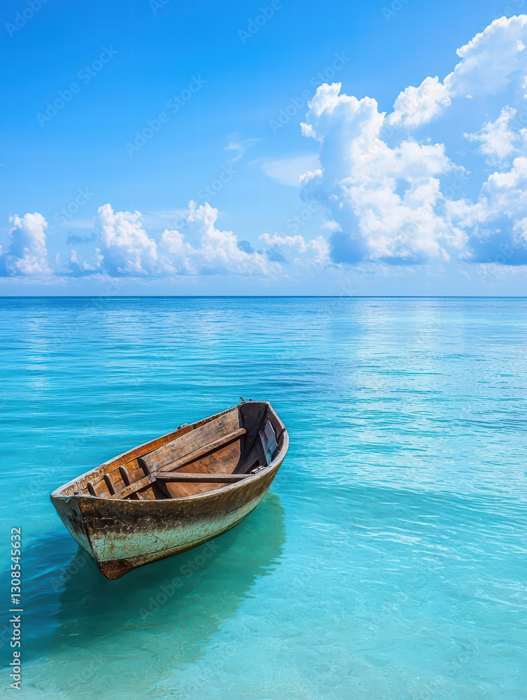 The Serene Embrace of a Boat: A weathered boat rests gently upon the turquoise waters, as a beautiful blue sky stretches above, dotted with fluffy clouds. The Serene Embrace of a Boat: A weathered boat rests gently upon the turquoise waters, as a beautiful blue sky stretches above, dotted with fluffy clouds.