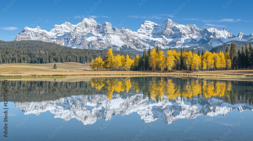 Obraz premium Snowcapped Mountains Reflected in Calm Autumn Lake