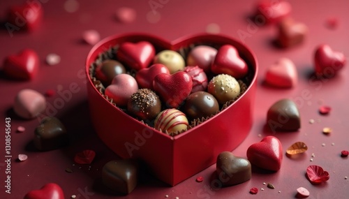Heart-shaped box overflowing with assorted chocolates , love, dessert, luxury