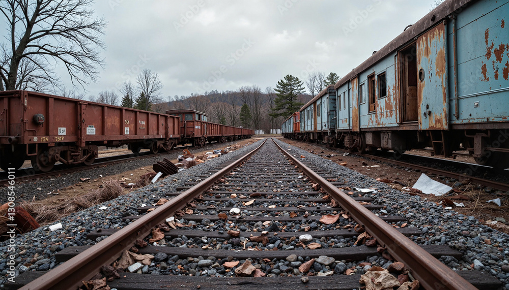 Fototapeta premium Abandoned train cars rusting on deserted railway track, haunting decay