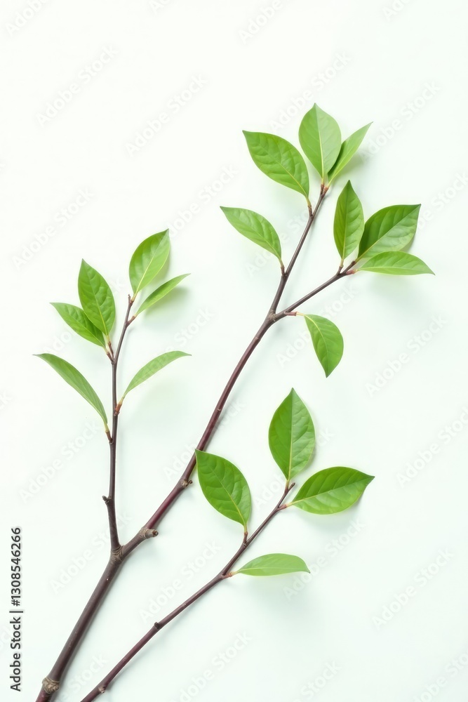 Fototapeta premium Delicate branches with green leaves isolated on white background, minimalist, greenery