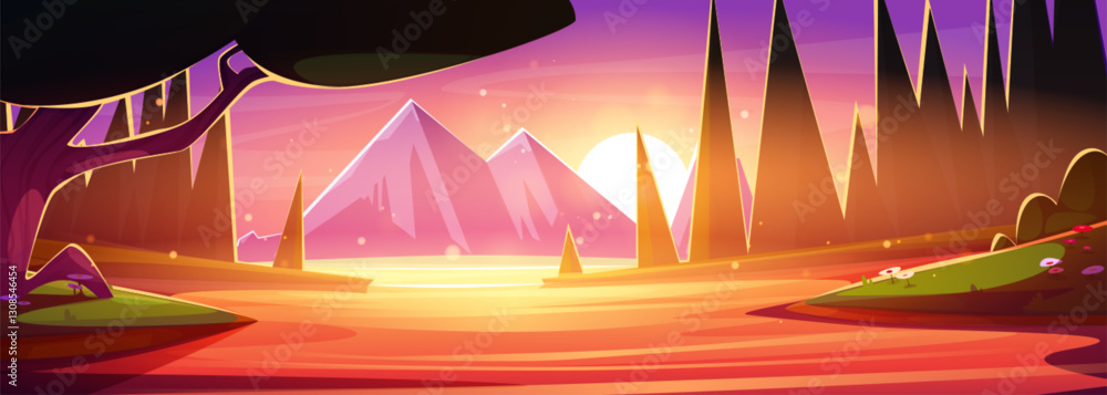 Fototapeta premium Forest cartoon landscape at sunset with lake. Distant mountains, water in river with reflection, trees and grass with flowers on banks of pond glowing by bright sun on pink and orange gradient sky.