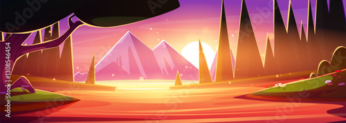 Forest cartoon landscape at sunset with lake. Distant mountains, water in river with reflection, trees and grass with flowers on banks of pond glowing by bright sun on pink and orange gradient sky.