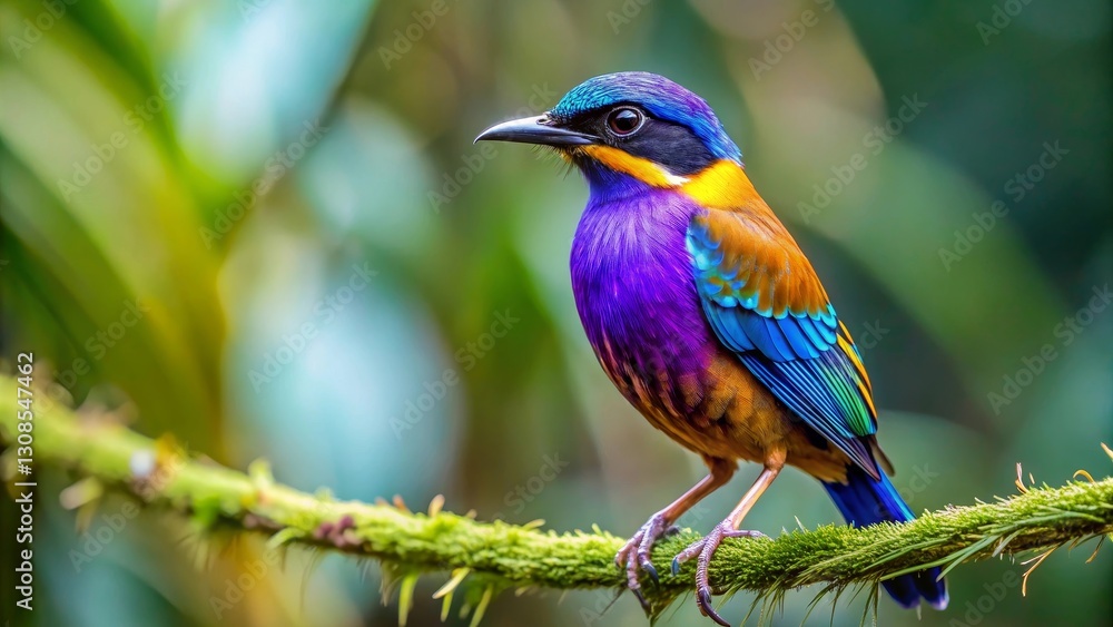 Vibrant Avian Wonder Perched on Lush Green Branch, Displaying a Stunning Array of Iridescent Plumage Vibrant Avian Wonder Perched on Lush Green Branch, Displaying a Stunning Array of Iridescent Plumage