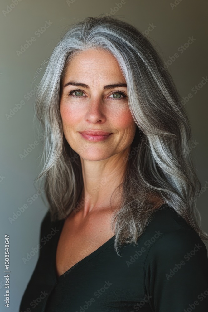Fototapeta premium Beautiful mature woman with gray hair smiling serene and secure