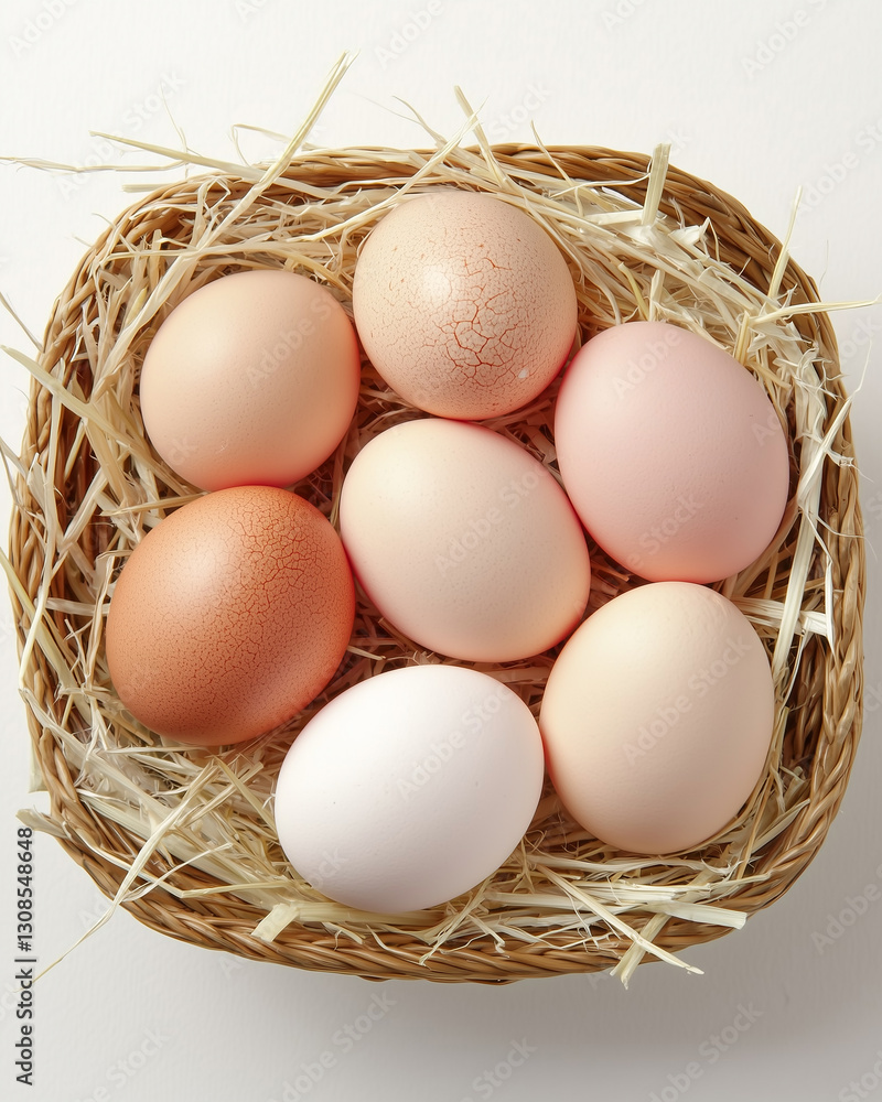 Basket of Fresh Eggs on Straw Isolated on White Background
Basket of Fresh Eggs on Straw Isolated on White Background